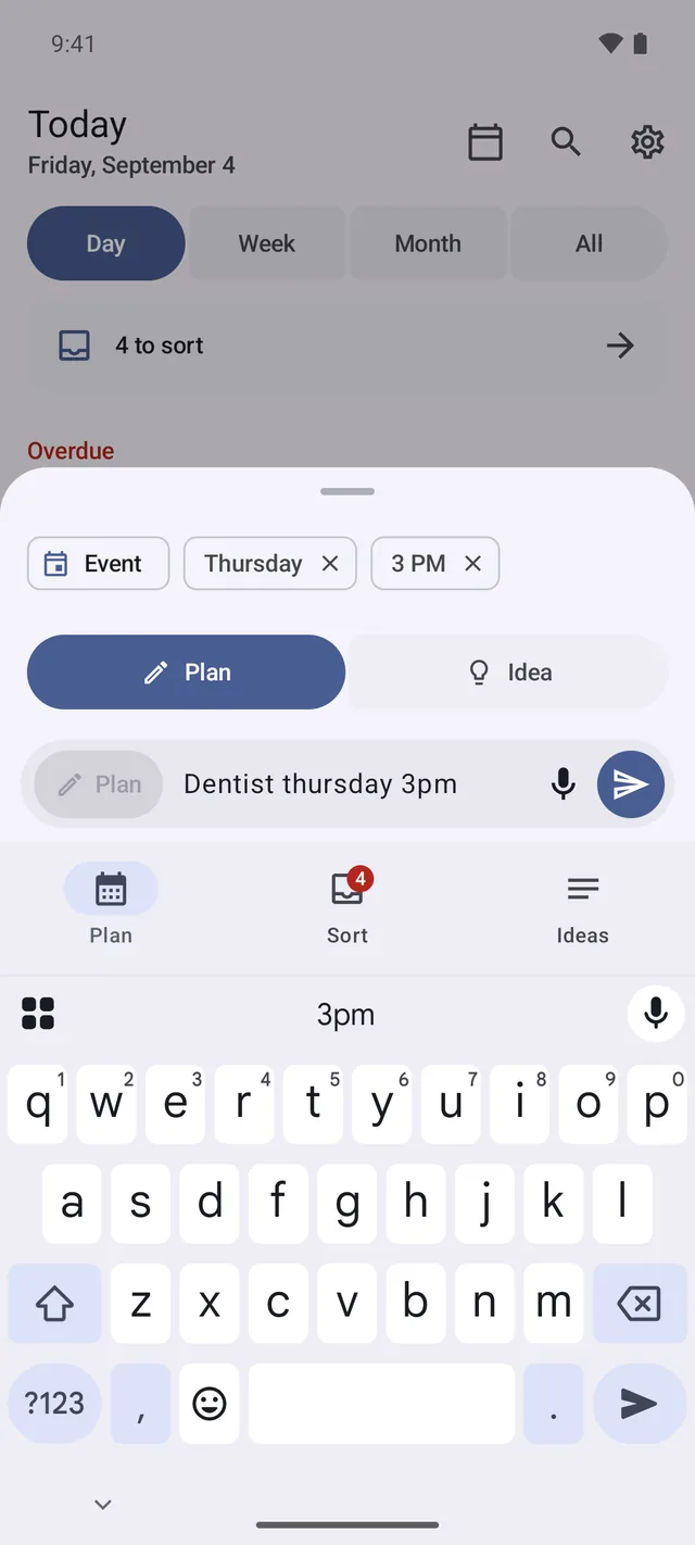 Peggy's capture bar with “Dentist thursday 3pm” typed, and chips underneath reading Event, Thursday and 3 PM.