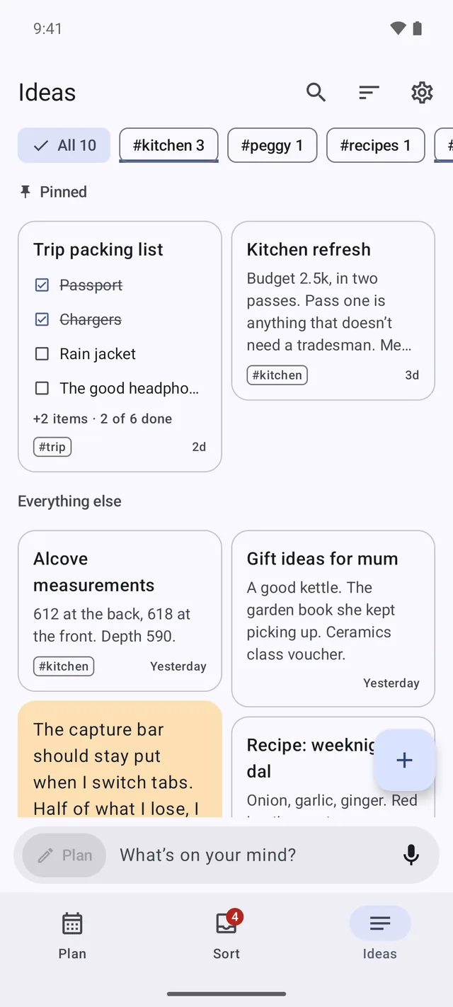 The Ideas tab: a grid of note cards including a packing checklist showing two of six done, above a row of tag filters.