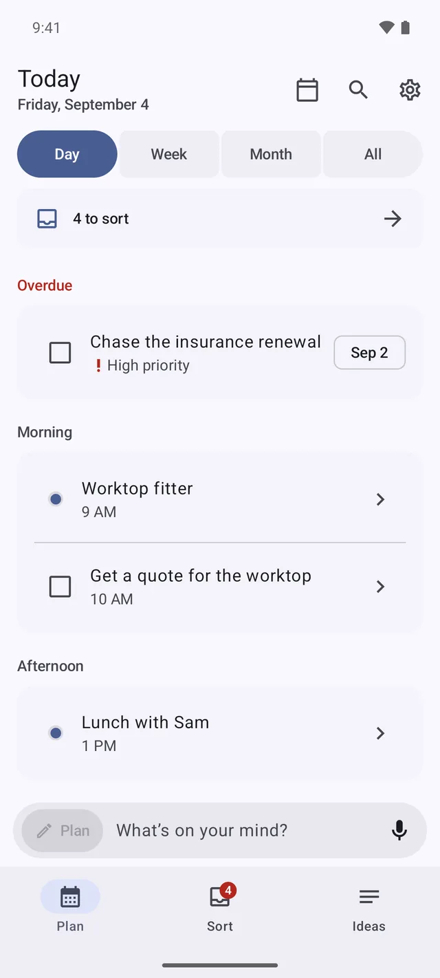 The Plan tab showing one day, split into Morning and Afternoon, with an appointment at 9 AM and lunch at 1 PM.