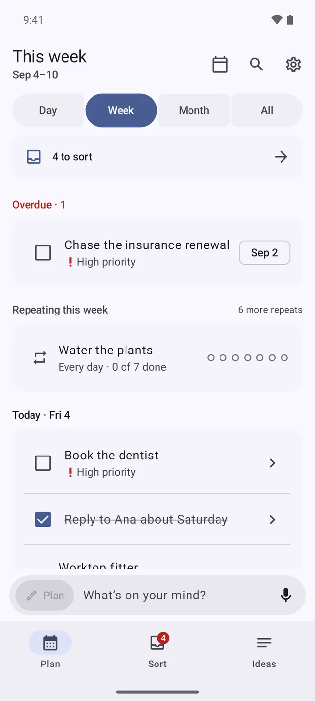 The Plan tab showing a week, with a daily habit rolled into a single row that tracks how many days are done.