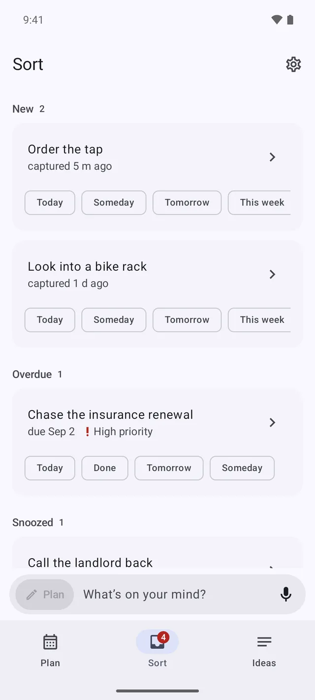 The Sort tab grouping items into New, Overdue and Snoozed, each row offering Today, Someday, Tomorrow and This week.
