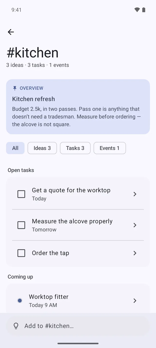 The page for the tag “kitchen”, showing a pinned overview note followed by that tag's open tasks and upcoming events.